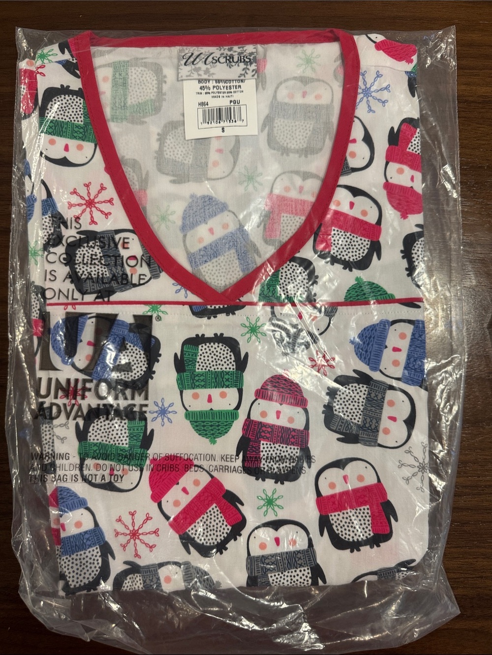 Smart Scrubs Penguin Scrub Top in White with Red Trim